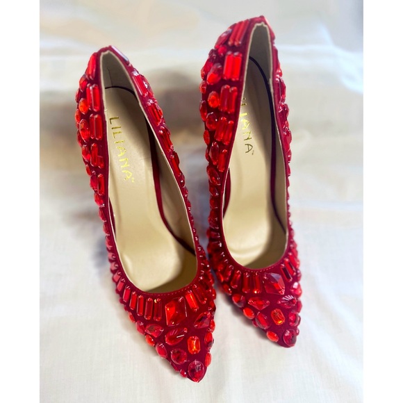 Liliana Ruby Red Jeweled Heels | Faux Suede Pointed Stiletto Dorothy Christmas - Picture 2 of 7